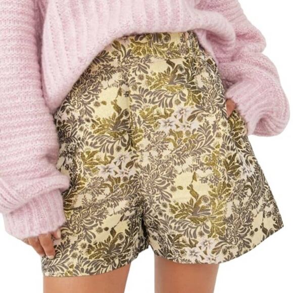 FREE PEOPLE SHORTS XS METALLIC FLORAL JACQUARD PINK GOLD COMBO STRETCHY PREPPY - Picture 1 of 13